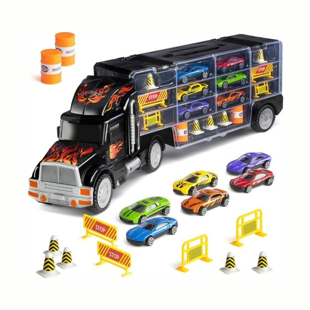 Toy Truck Transport Car Carrier 2-Sided Includes 28-Slots 6 Cars & Accessories